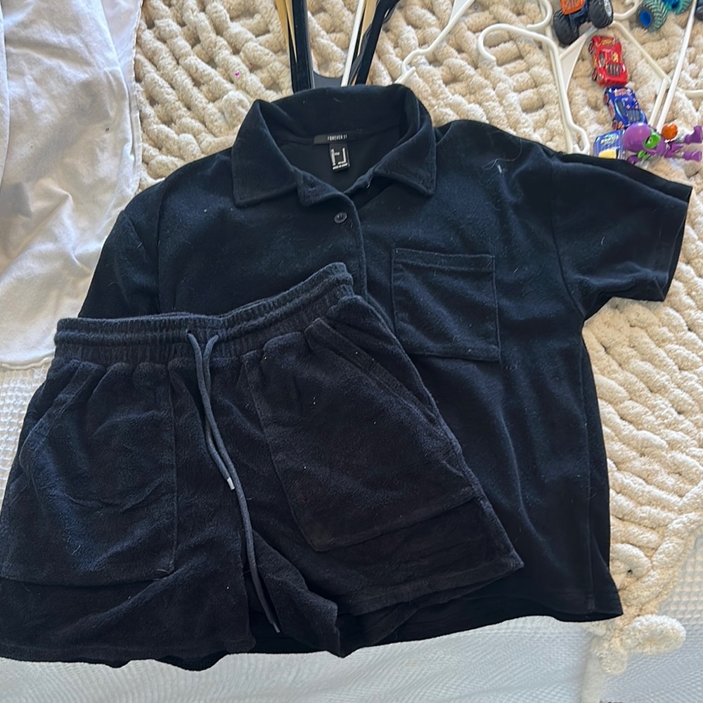 Black Terry Cloth Shirt and Shorts Set